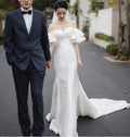 Off Shoulder Mermaid Wedding Dresses with Layered Puff Sleeves - promboutiqueonline