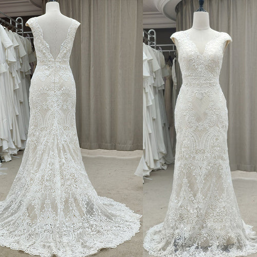 V-neck Swirl Lace Cap Sleeves Wedding Dresses with Sweep Train