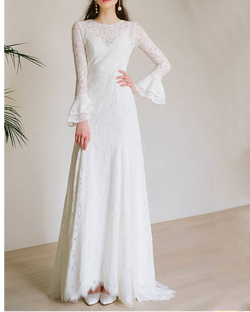Long Sleeves Form Fitting Lace Wedding Dresses