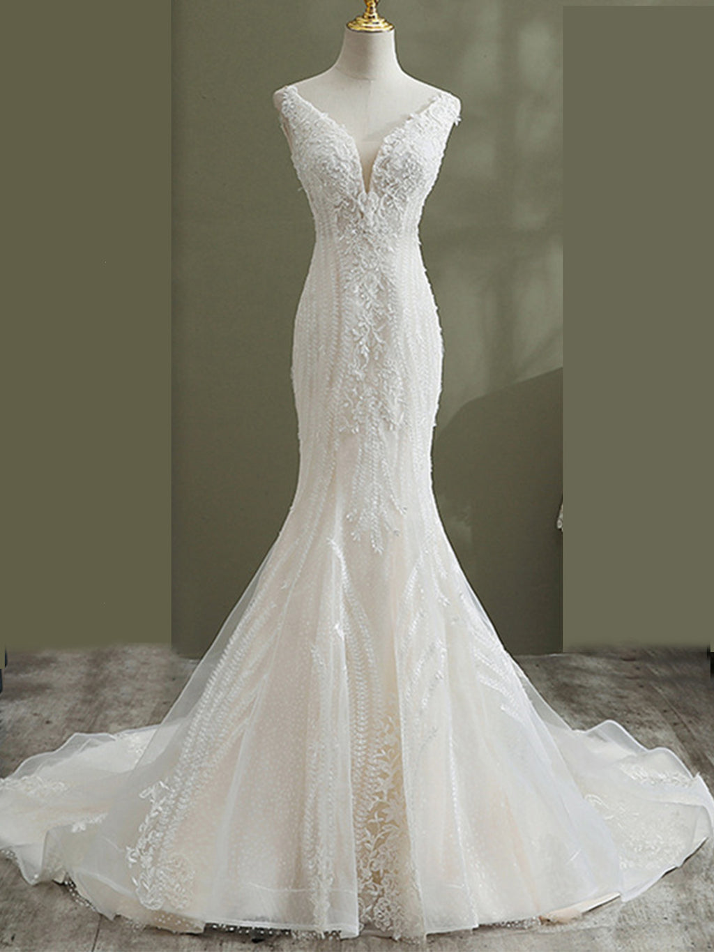Sheer V-neck Long Floral Lace Mermaid Wedding Dresses - promboutiqueonline