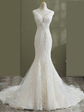 Sheer V-neck Long Floral Lace Mermaid Wedding Dresses - promboutiqueonline