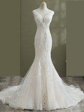 Load image into Gallery viewer, Sheer V-neck Long Floral Lace Mermaid Wedding Dresses