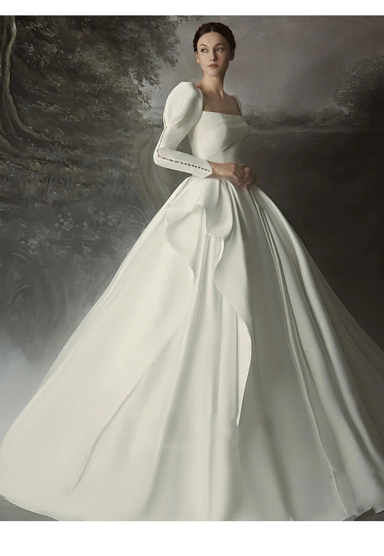 Satin Corset Royal Bridal Gowns Long Puff Sleeves Wedding Dresses - promboutiqueonline