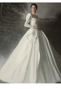 Satin Corset Royal Bridal Gowns Long Puff Sleeves Wedding Dresses - promboutiqueonline
