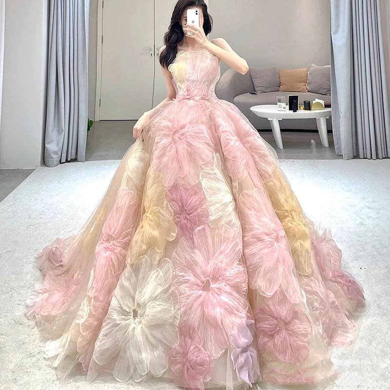 Strapless 3D Flowers Pink Colored Wedding Dresses