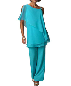 Blue Chiffon 2 Pieces Mother of the Bride Pantsuits Trouser Suits Dressy outfits with Asymmetric Half Sleeves