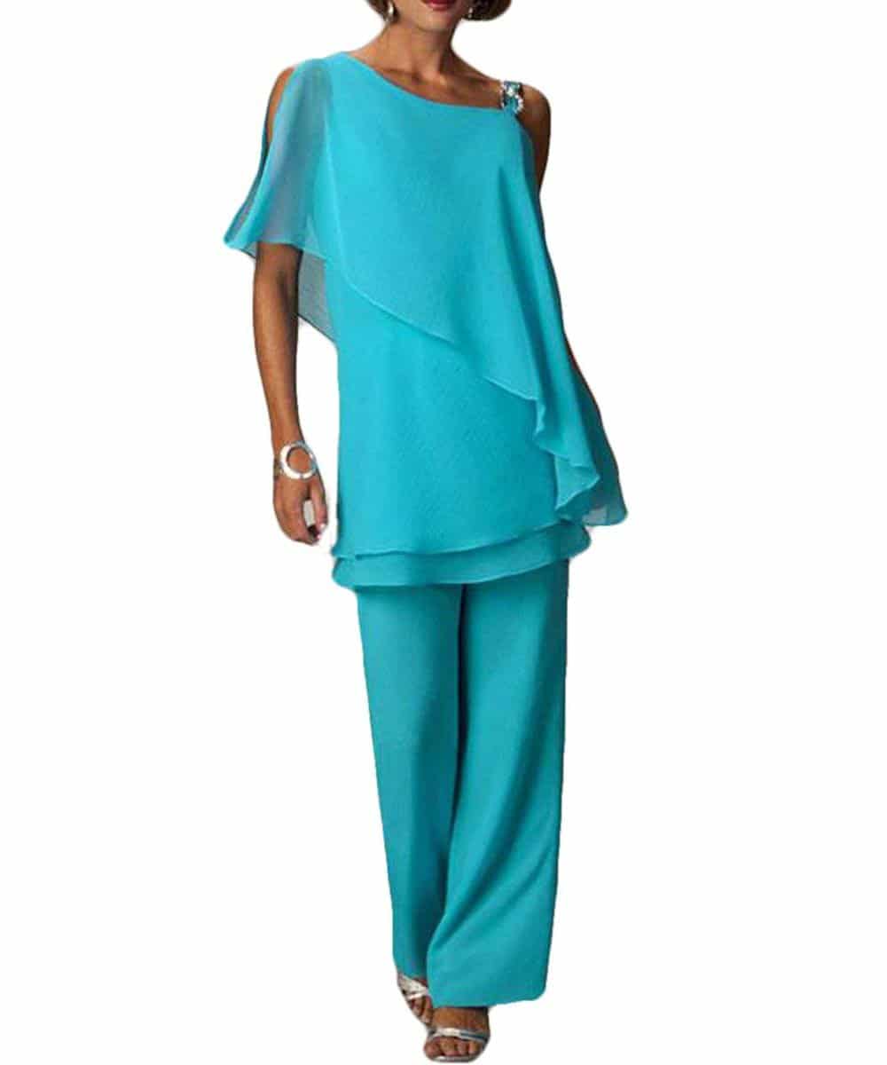 Blue Chiffon 2 Pieces Mother of the Bride Pantsuits Trouser Suits Dressy outfits with Asymmetric Half Sleeves - promboutiqueonline