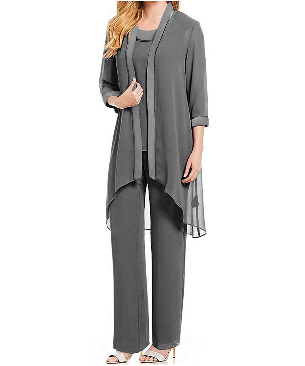 Draped Grey Chiffon 3/4 Sleeves Mother of Bride Dressy Pants Suit 3PCS Outfit for Mother of Groom - promboutiqueonline