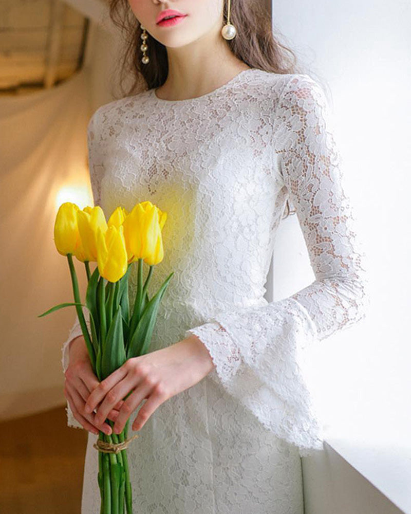 Long Sleeves Form Fitting Lace Wedding Dresses for Lawn Wedding Party - promboutiqueonline