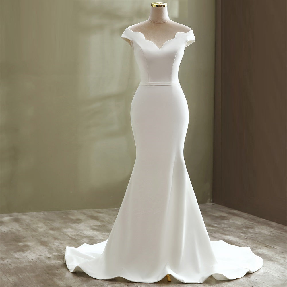 Zigzag Off Shoulder Satin Mermaid Wedding Dresses - promboutiqueonline