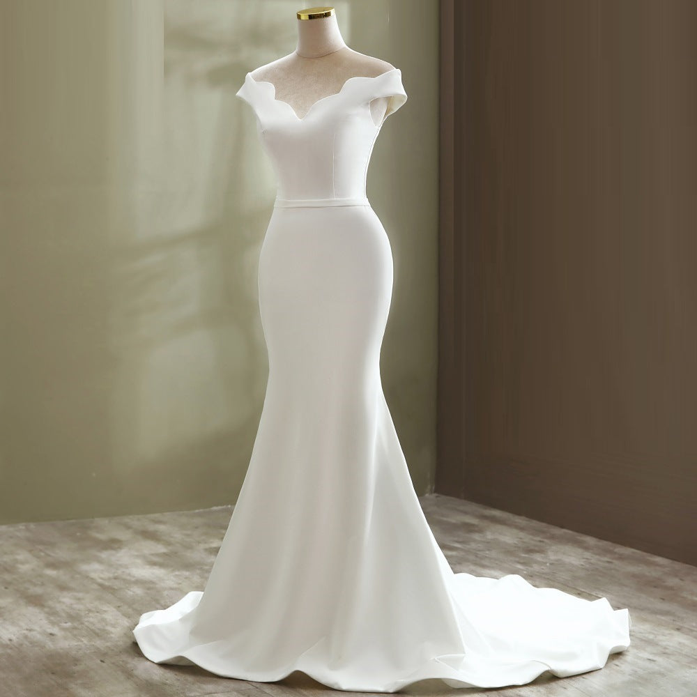 Zigzag Off Shoulder Satin Mermaid Wedding Dresses - promboutiqueonline