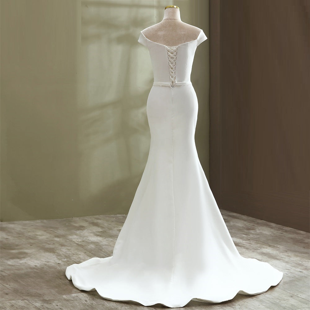 Zigzag Off Shoulder Satin Mermaid Wedding Dresses - promboutiqueonline