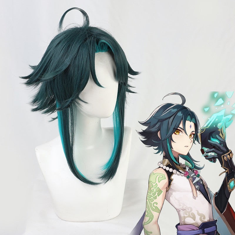 Dark Green Xiao Genshin Cosplay Short Wigs Two Colors Synthetic Fluffy Anime Costume Hairstyles - promboutiqueonline