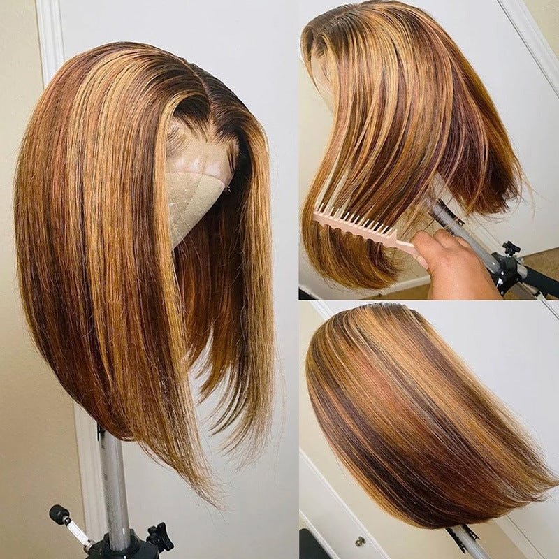 T Frontal Lace Human Hair Bob Wigs for Women Straight Ombre Blonde Highlight Middle Part Lace Front Wigs with Baby Hair - promboutiqueonline