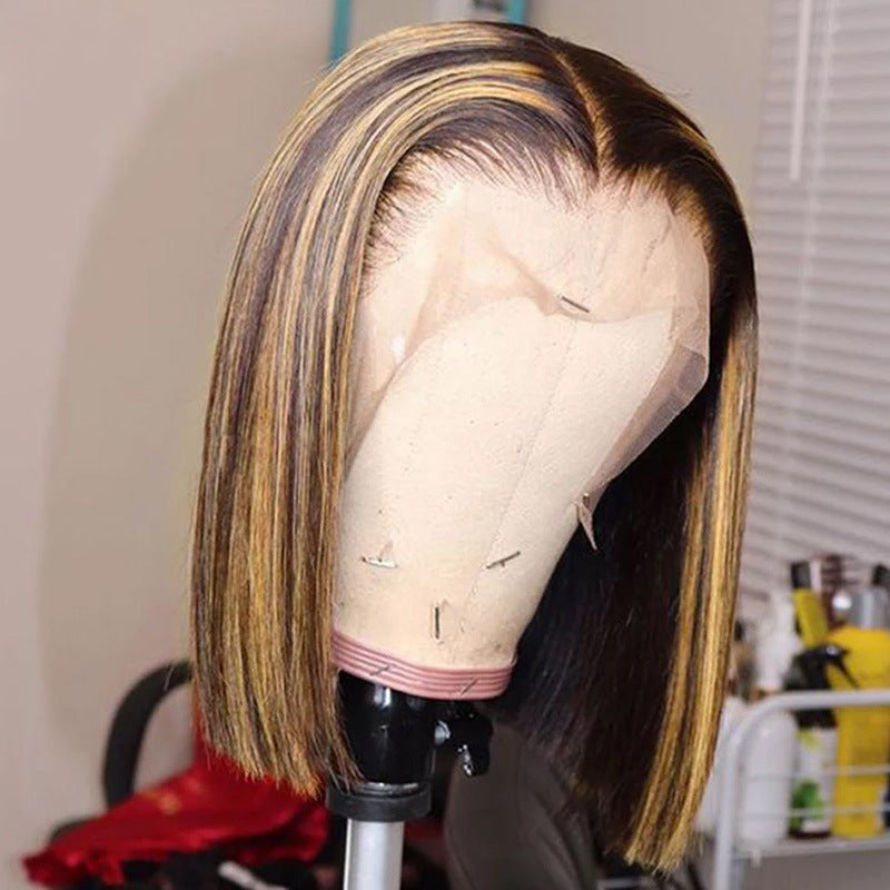 T Frontal Lace Human Hair Bob Wigs for Women Straight Ombre Blonde Highlight Middle Part Lace Front Wigs with Baby Hair - promboutiqueonline