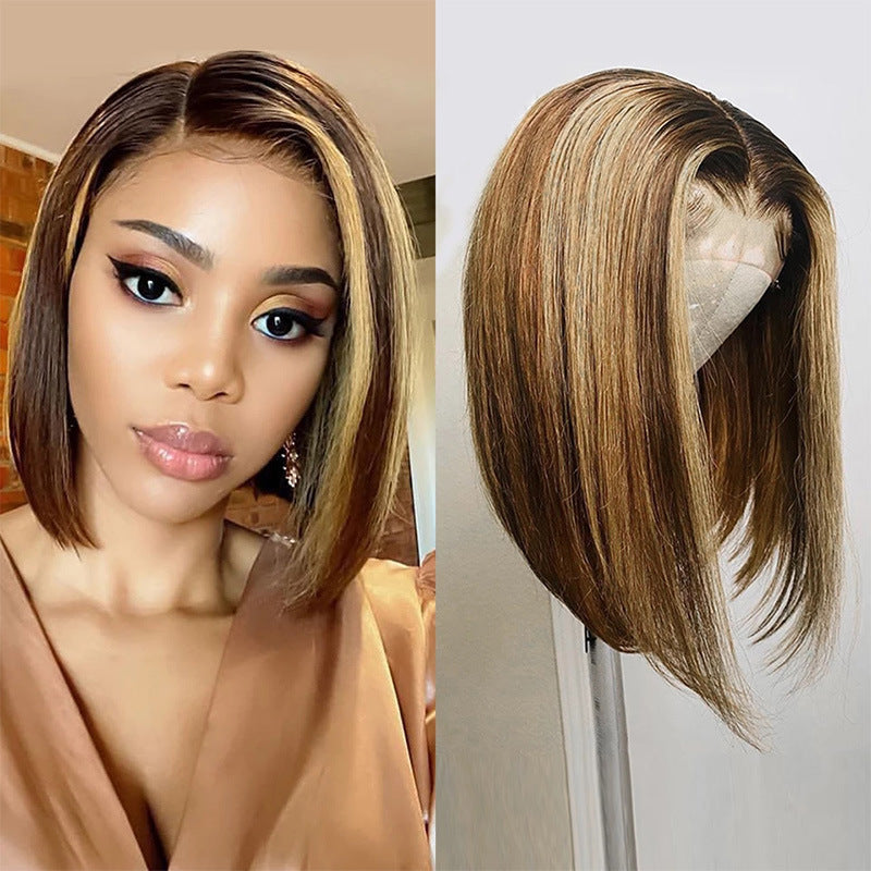 T Frontal Lace Human Hair Bob Wigs for Women Straight Ombre Blonde Highlight Middle Part Lace Front Wigs with Baby Hair - promboutiqueonline