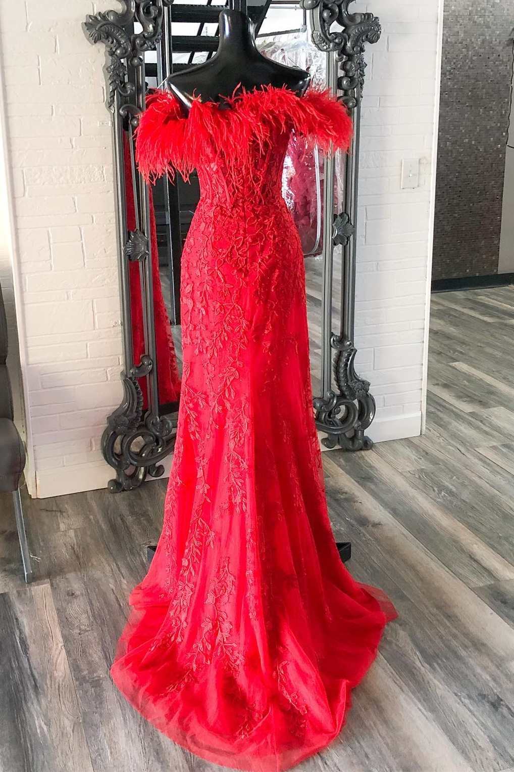 Sheer Plunging Neckline Applique Feather Prom Dresses with Slit - promboutiqueonline
