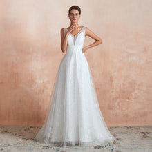 Load image into Gallery viewer, Beaded Fake Plunge V-neck Semi Formal Wedding Dresses with Tank Straps