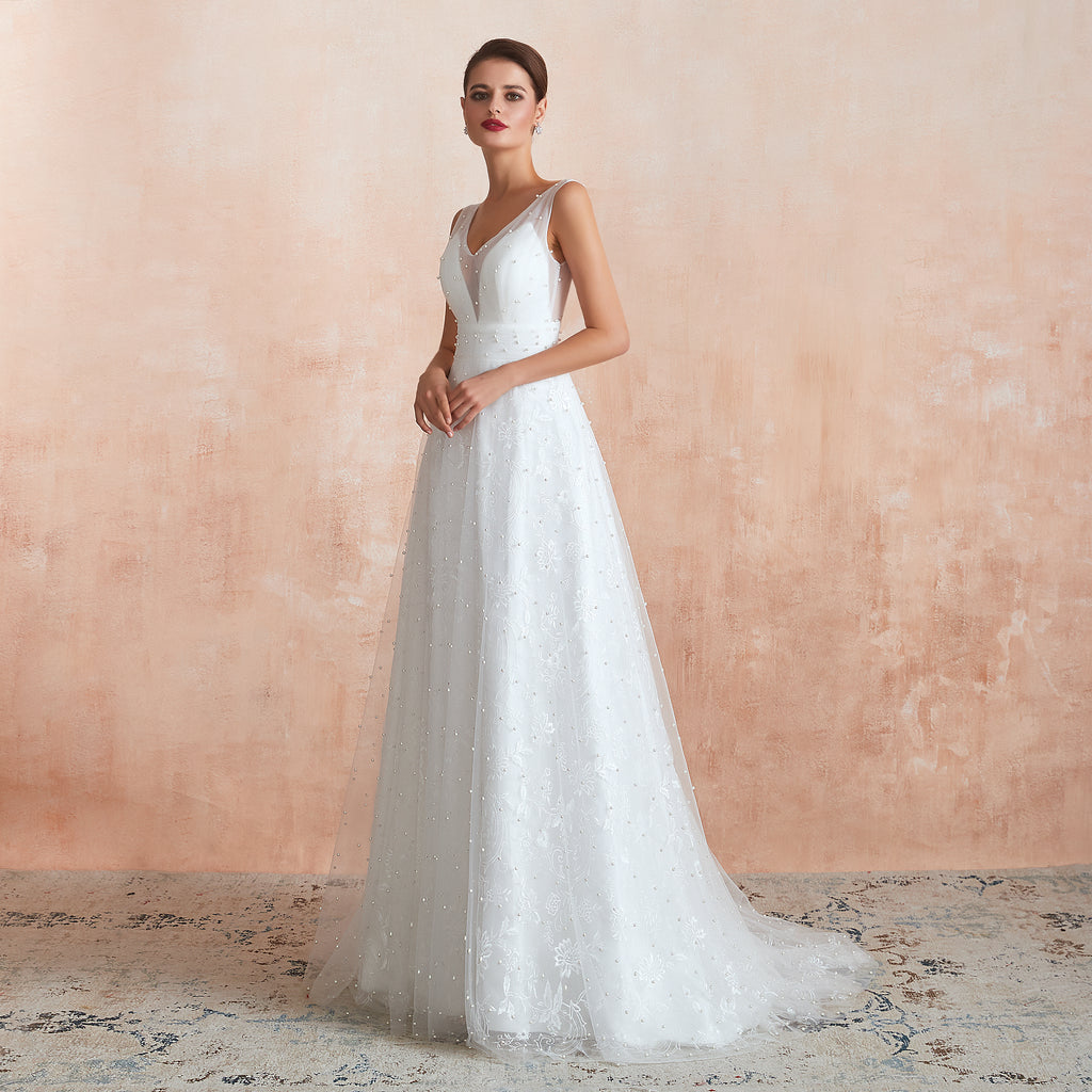Beaded Fake Plunge V-neck Semi Formal Wedding Dresses with Tank Straps - promboutiqueonline