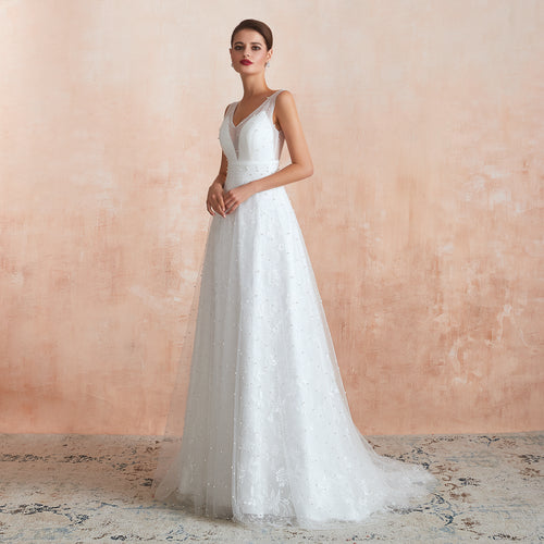 Beaded Fake Plunge V-neck Semi Formal Wedding Dresses with Tank Straps - promboutiqueonline