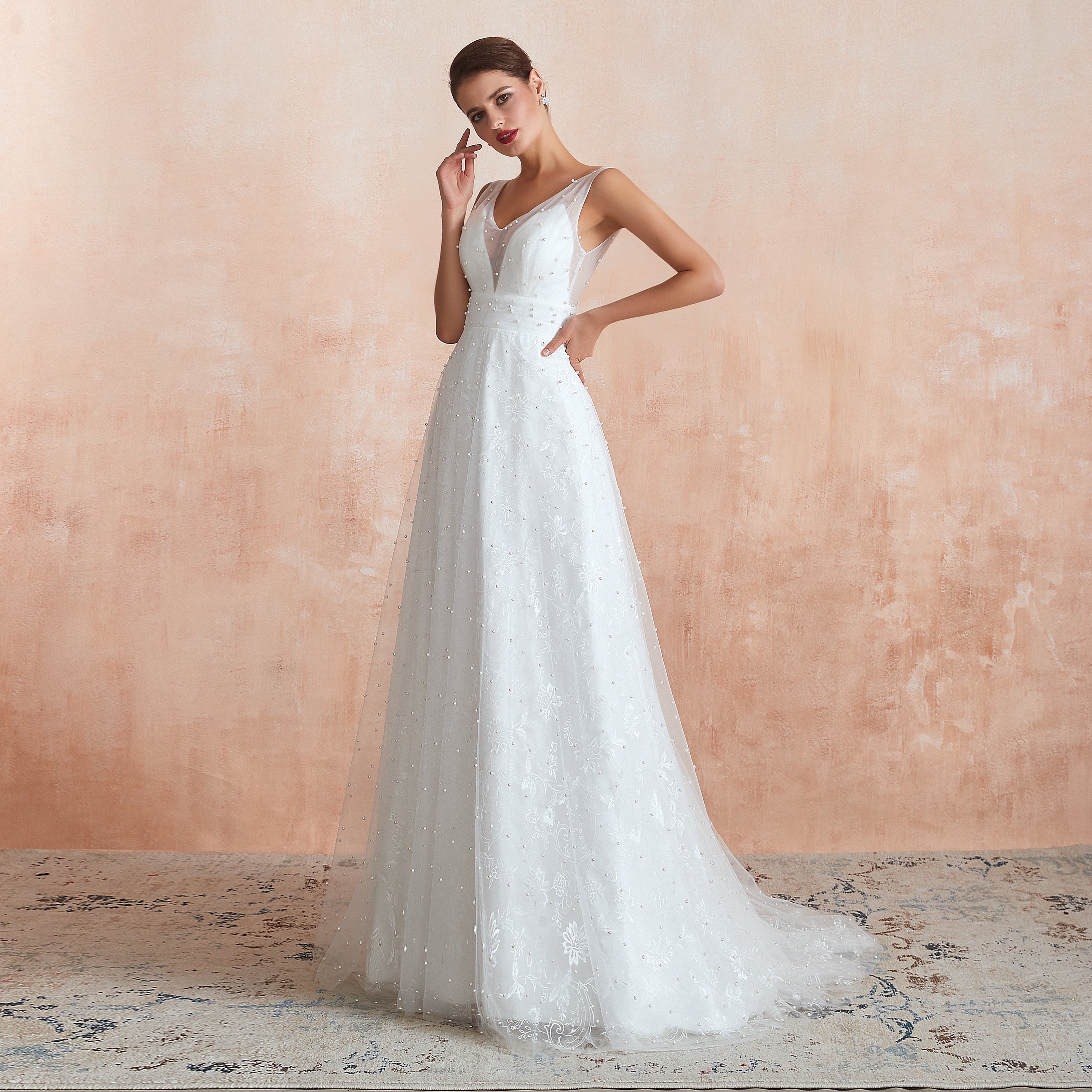 Beaded Fake Plunge V-neck Semi Formal Wedding Dresses with Tank Straps - promboutiqueonline