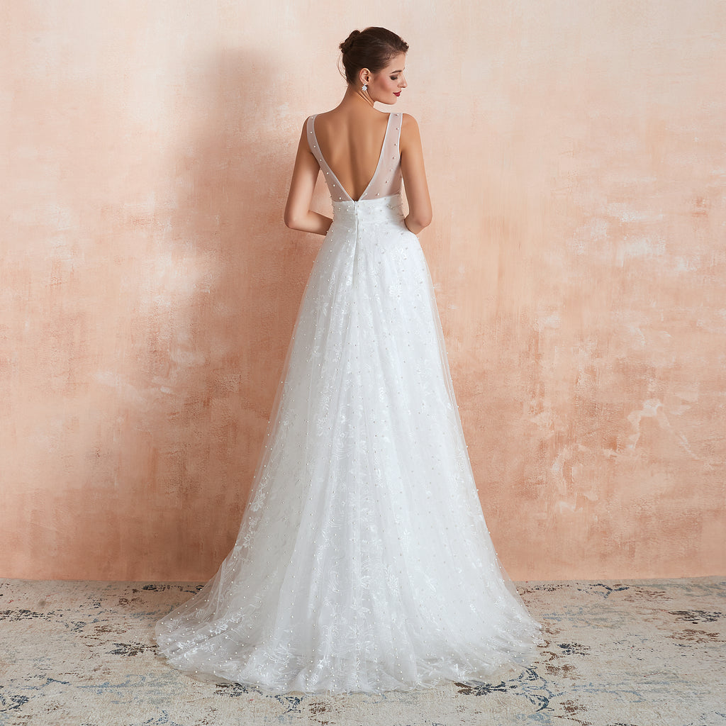 Beaded Fake Plunge V-neck Semi Formal Wedding Dresses with Tank Straps - promboutiqueonline