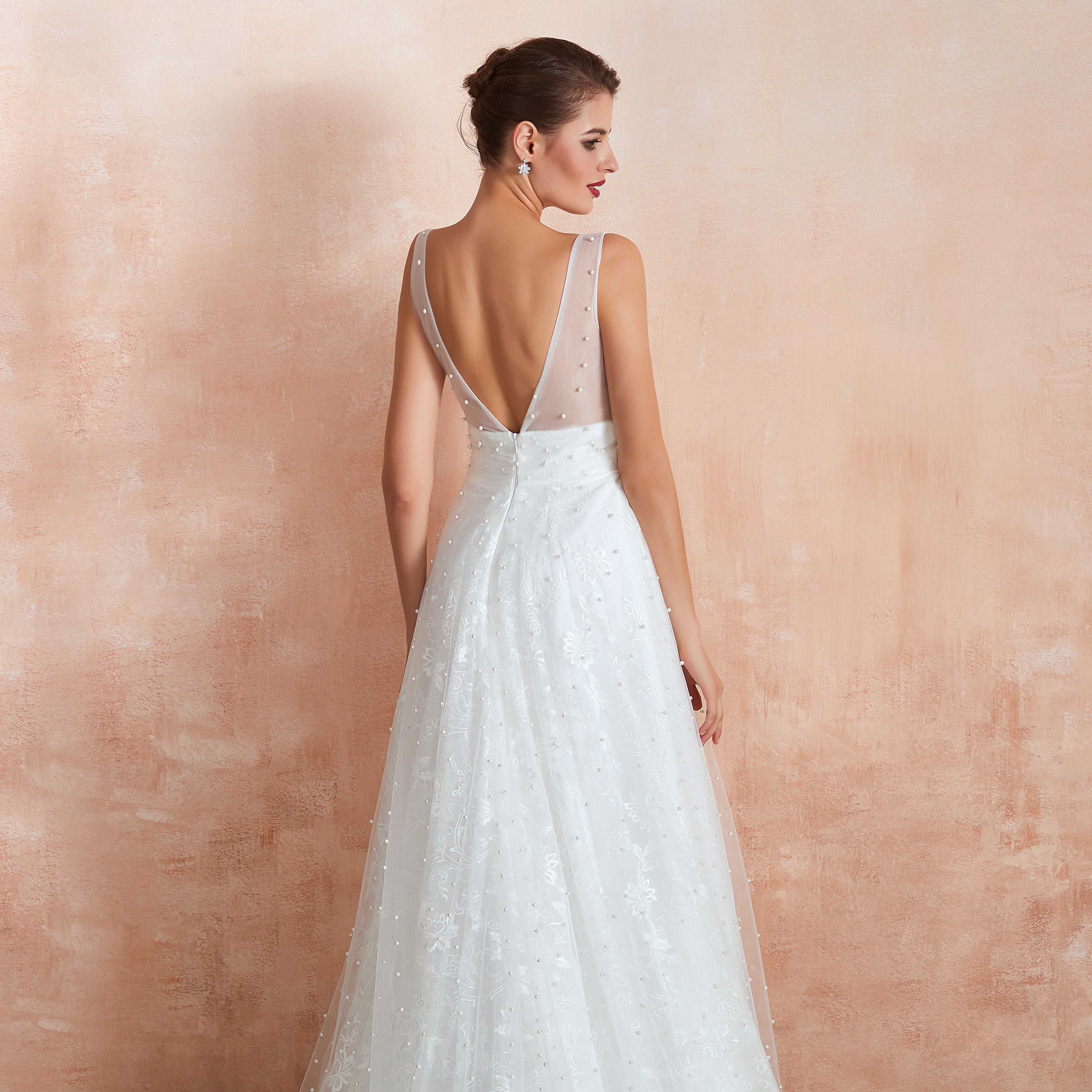 Beaded Fake Plunge V-neck Semi Formal Wedding Dresses with Tank Straps - promboutiqueonline