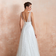 Load image into Gallery viewer, Beaded Fake Plunge V-neck Semi Formal Wedding Dresses with Tank Straps
