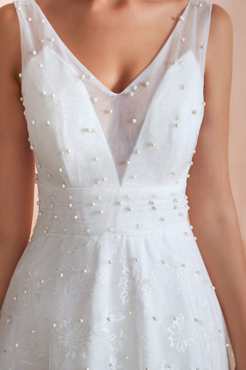 Beaded Fake Plunge V-neck Semi Formal Wedding Dresses with Tank Straps - promboutiqueonline