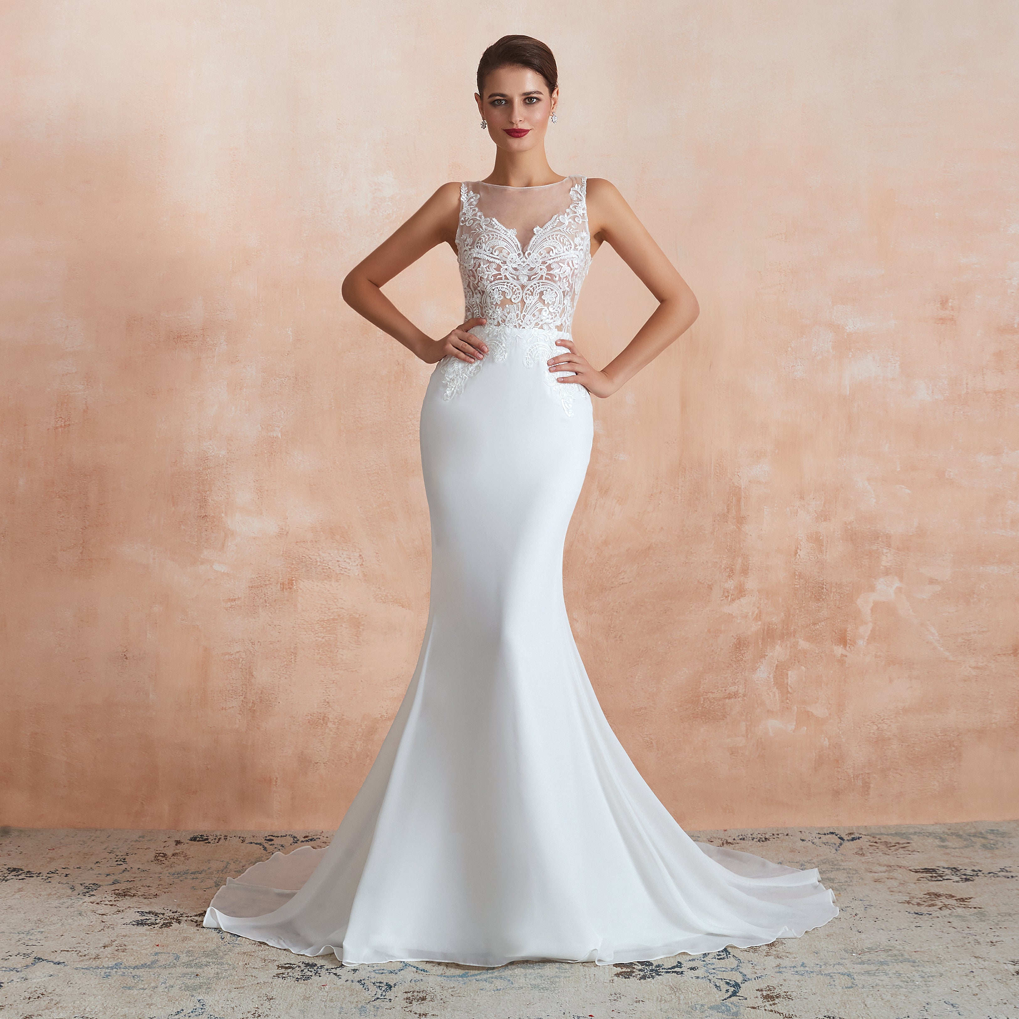 Jewel Illusion Neck Appliqued Mermaid Wedding Dresses with Train - promboutiqueonline