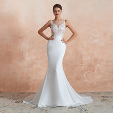 Load image into Gallery viewer, Jewel Illusion Neck Appliqued Mermaid Wedding Dresses with Train