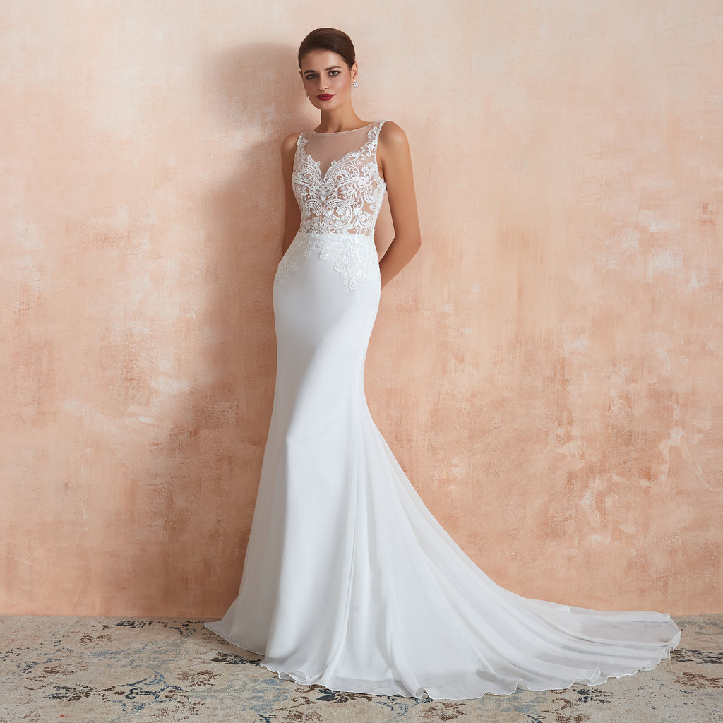 Jewel Illusion Neck Appliqued Mermaid Wedding Dresses with Train - promboutiqueonline