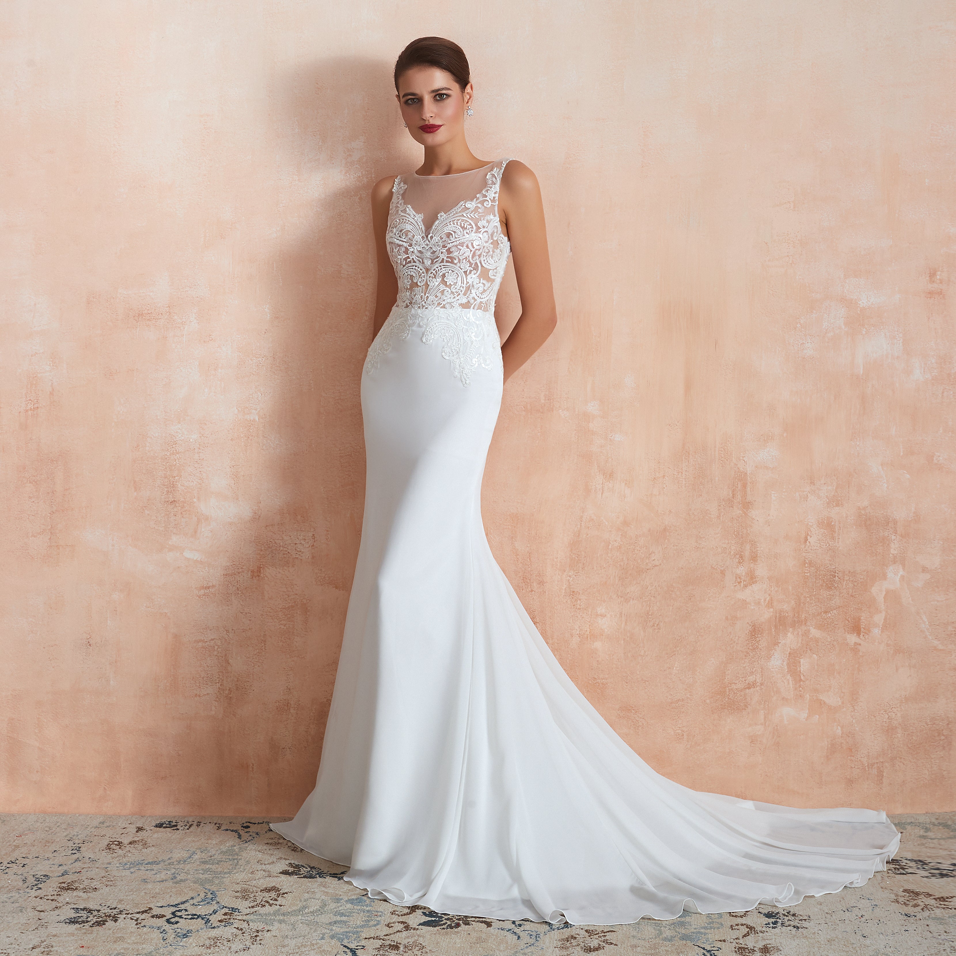 Jewel Illusion Neck Appliqued Mermaid Wedding Dresses with Train - promboutiqueonline