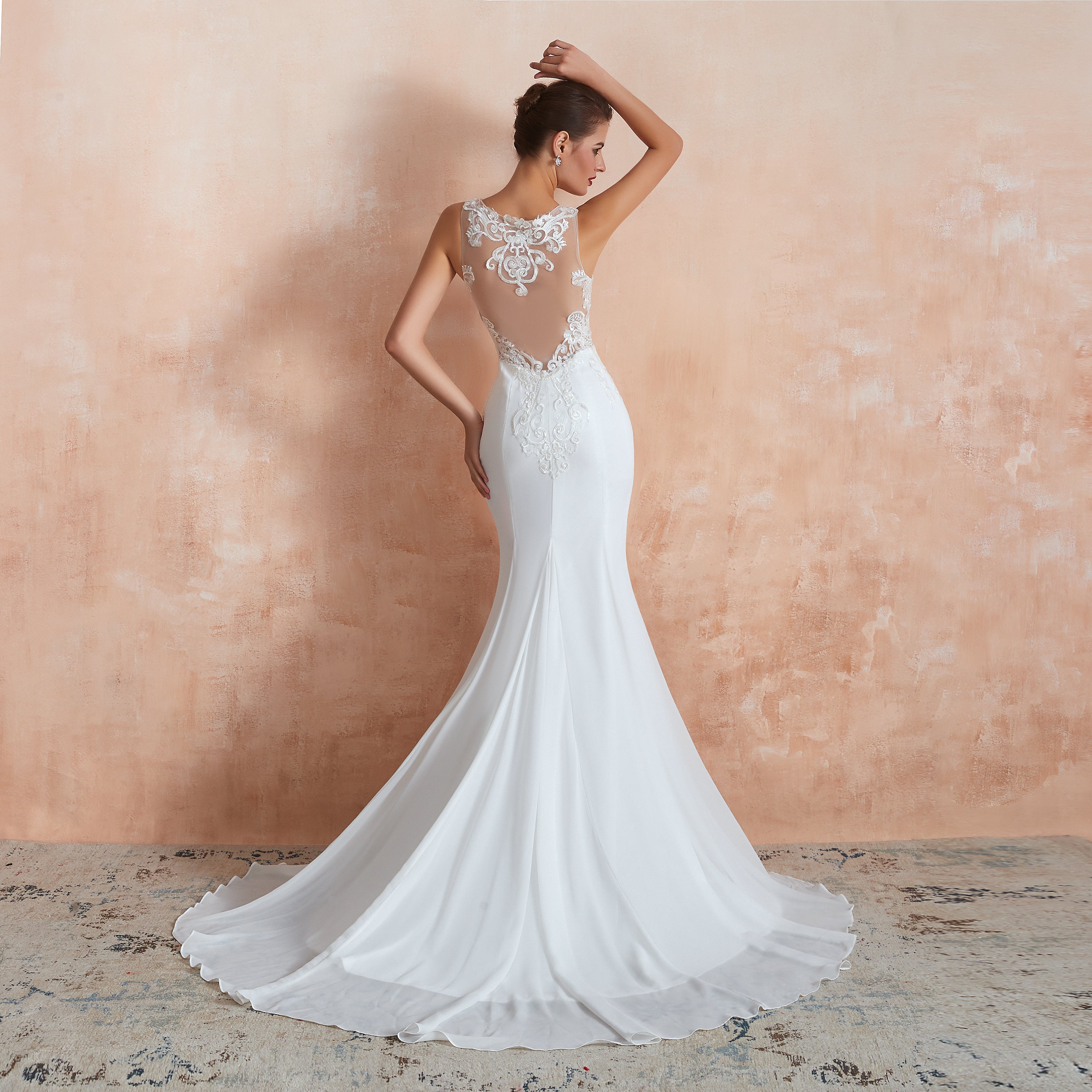 Jewel Illusion Neck Appliqued Mermaid Wedding Dresses with Train - promboutiqueonline