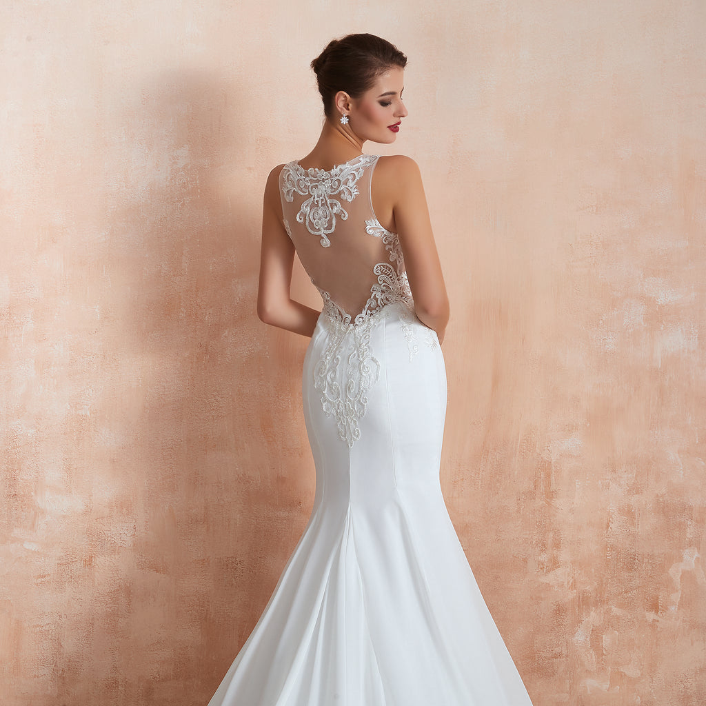 Jewel Illusion Neck Appliqued Mermaid Wedding Dresses with Train - promboutiqueonline