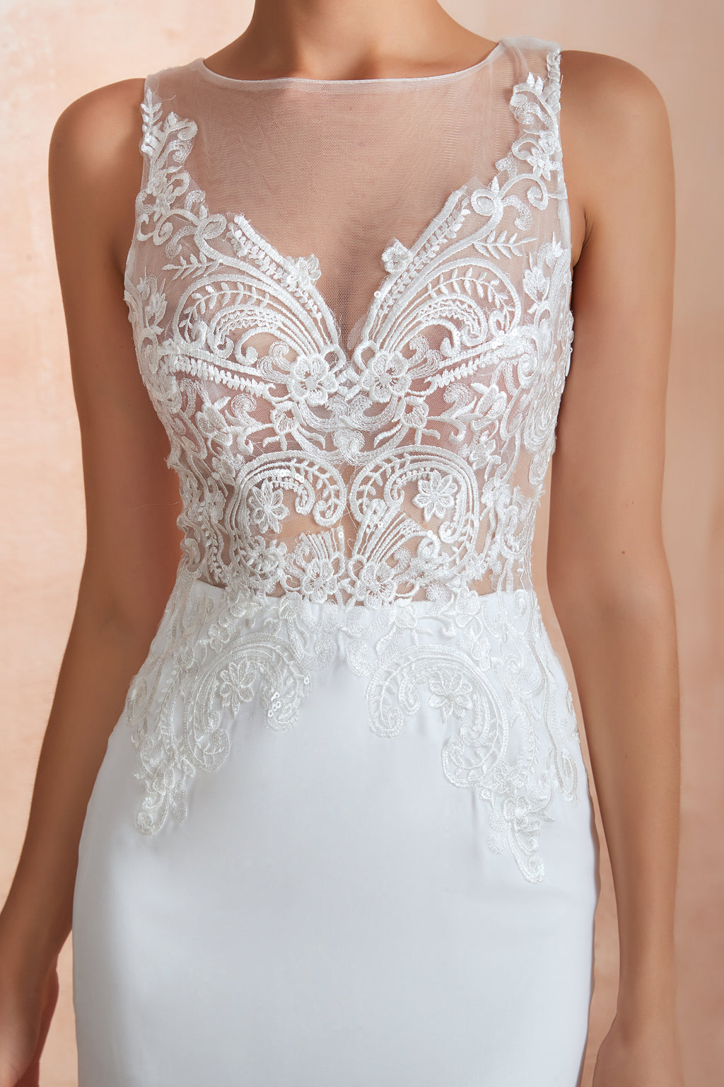 Jewel Illusion Neck Appliqued Mermaid Wedding Dresses with Train - promboutiqueonline