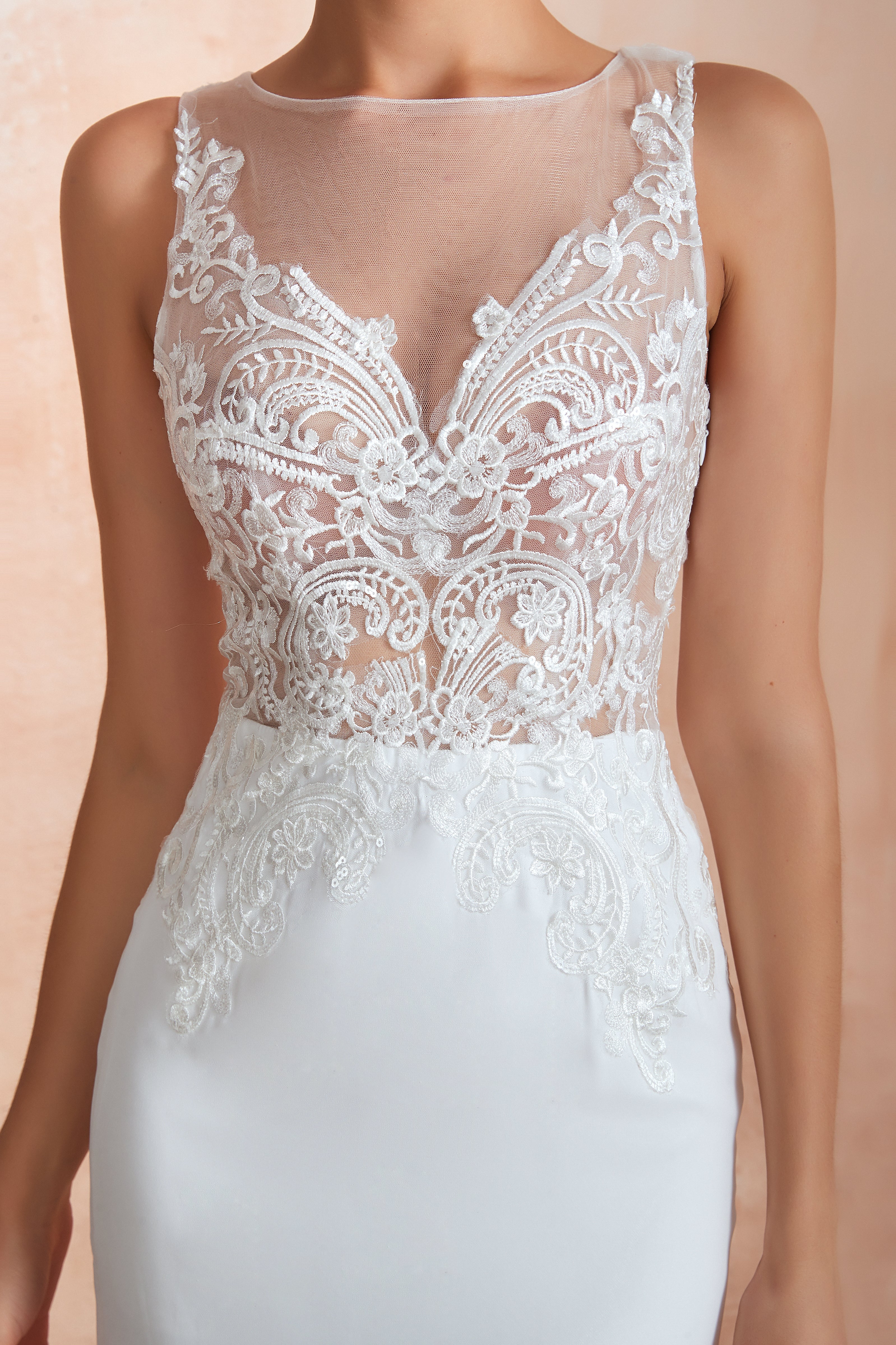 Jewel Illusion Neck Appliqued Mermaid Wedding Dresses with Train - promboutiqueonline