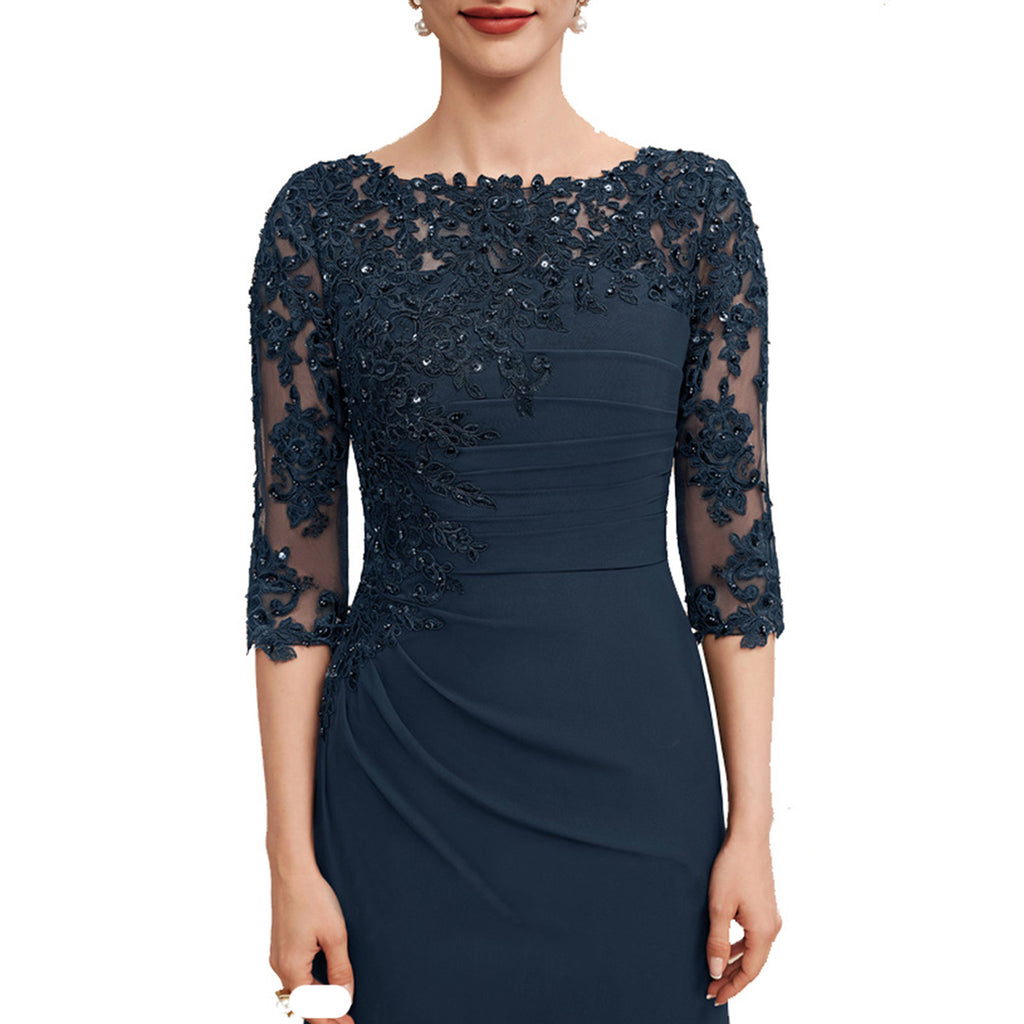Ruched Jewel Blue Long Mother of the Bride Dress Half Sleeves - promboutiqueonline