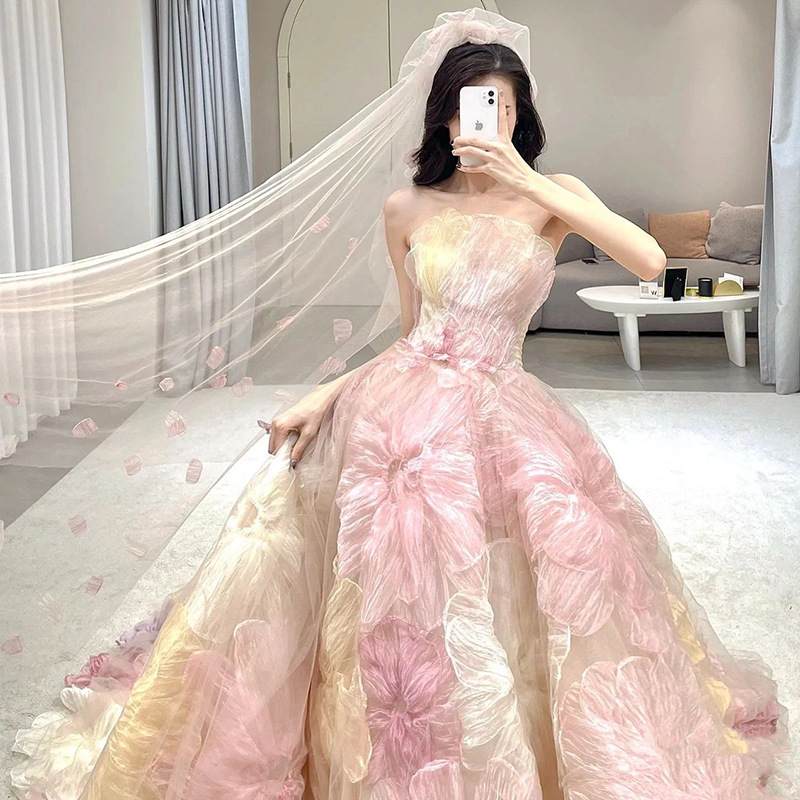 Strapless 3D Flowers Pink Colored Wedding Dresses Debut Ball Gowns - promboutiqueonline