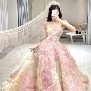 Strapless 3D Flowers Pink Colored Wedding Dresses Debut Ball Gowns