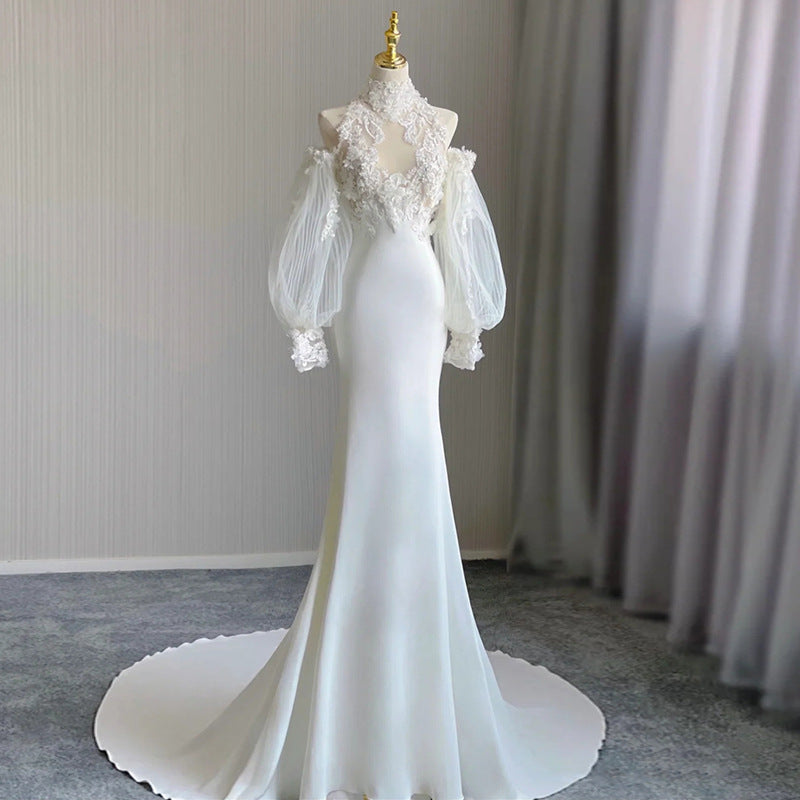 High Collar Applique Lace Satin Mermaid Wedding Dresses with Detachable Sleeves - promboutiqueonline