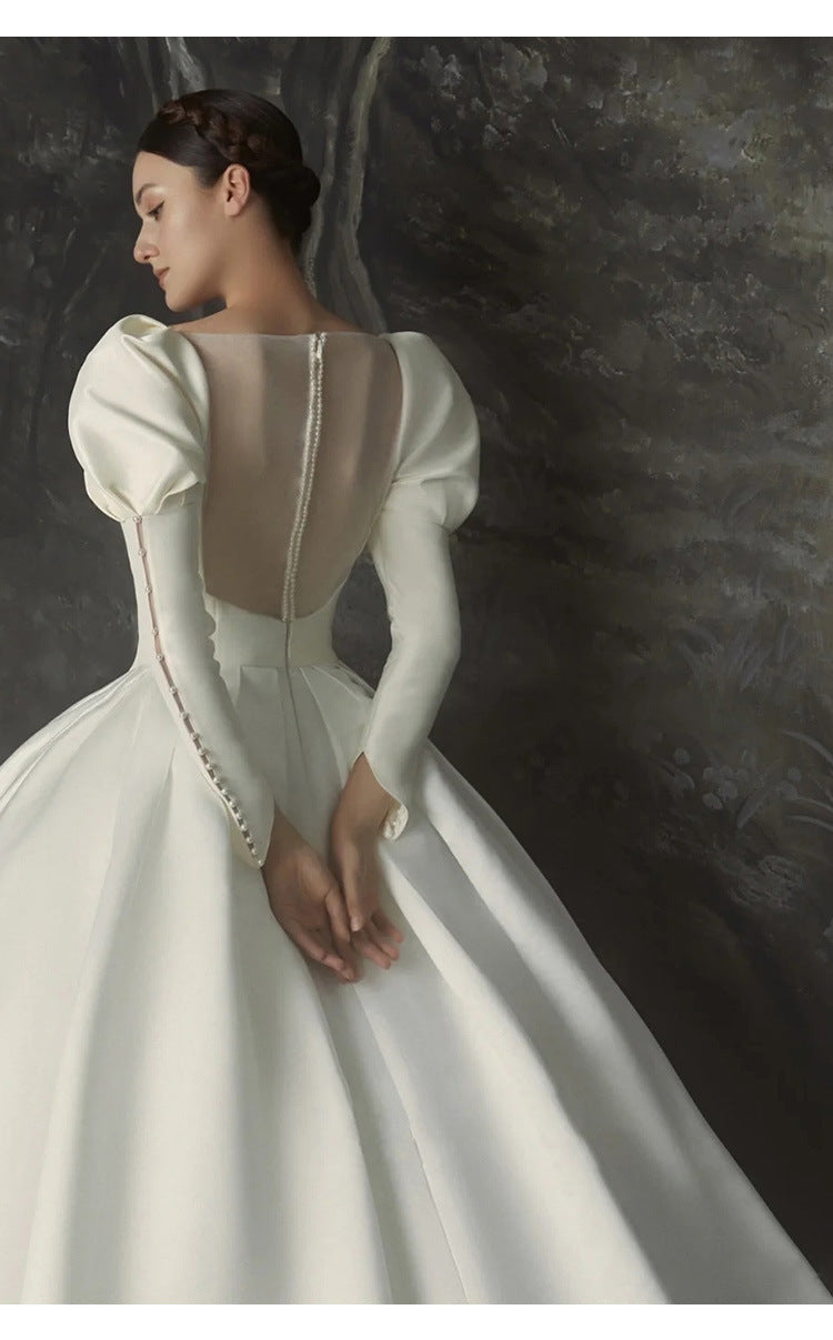 Satin Corset Royal Bridal Gowns Long Puff Sleeves Wedding Dresses - promboutiqueonline