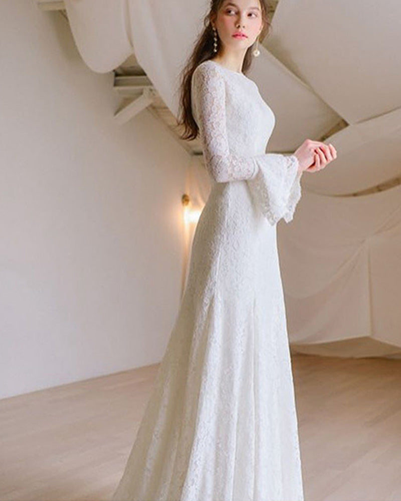 Long Sleeves Form Fitting Lace Wedding Dresses for Lawn Wedding Party - promboutiqueonline