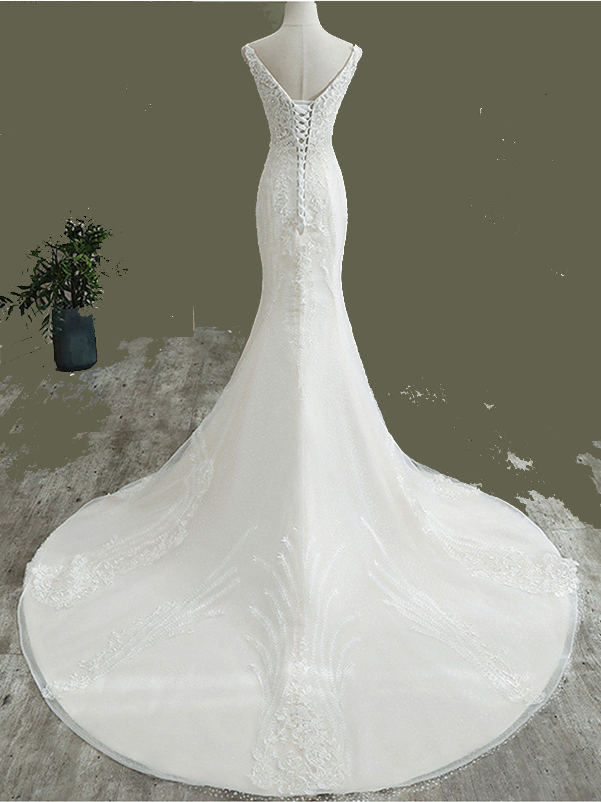 Sheer V-neck Long Floral Lace Mermaid Wedding Dresses - promboutiqueonline