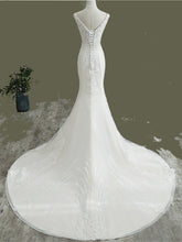 Load image into Gallery viewer, Sheer V-neck Long Floral Lace Mermaid Wedding Dresses