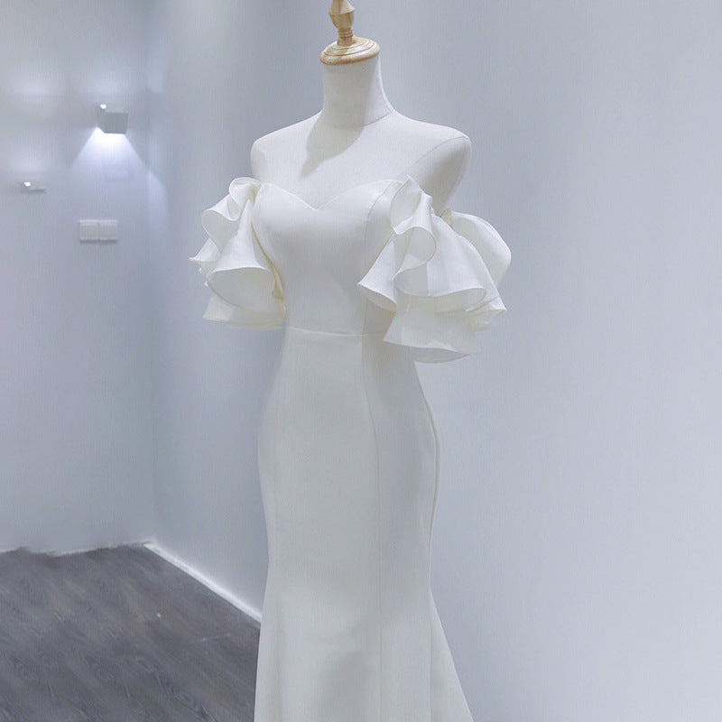 Off Shoulder Mermaid Wedding Dresses with Layered Puff Sleeves - promboutiqueonline