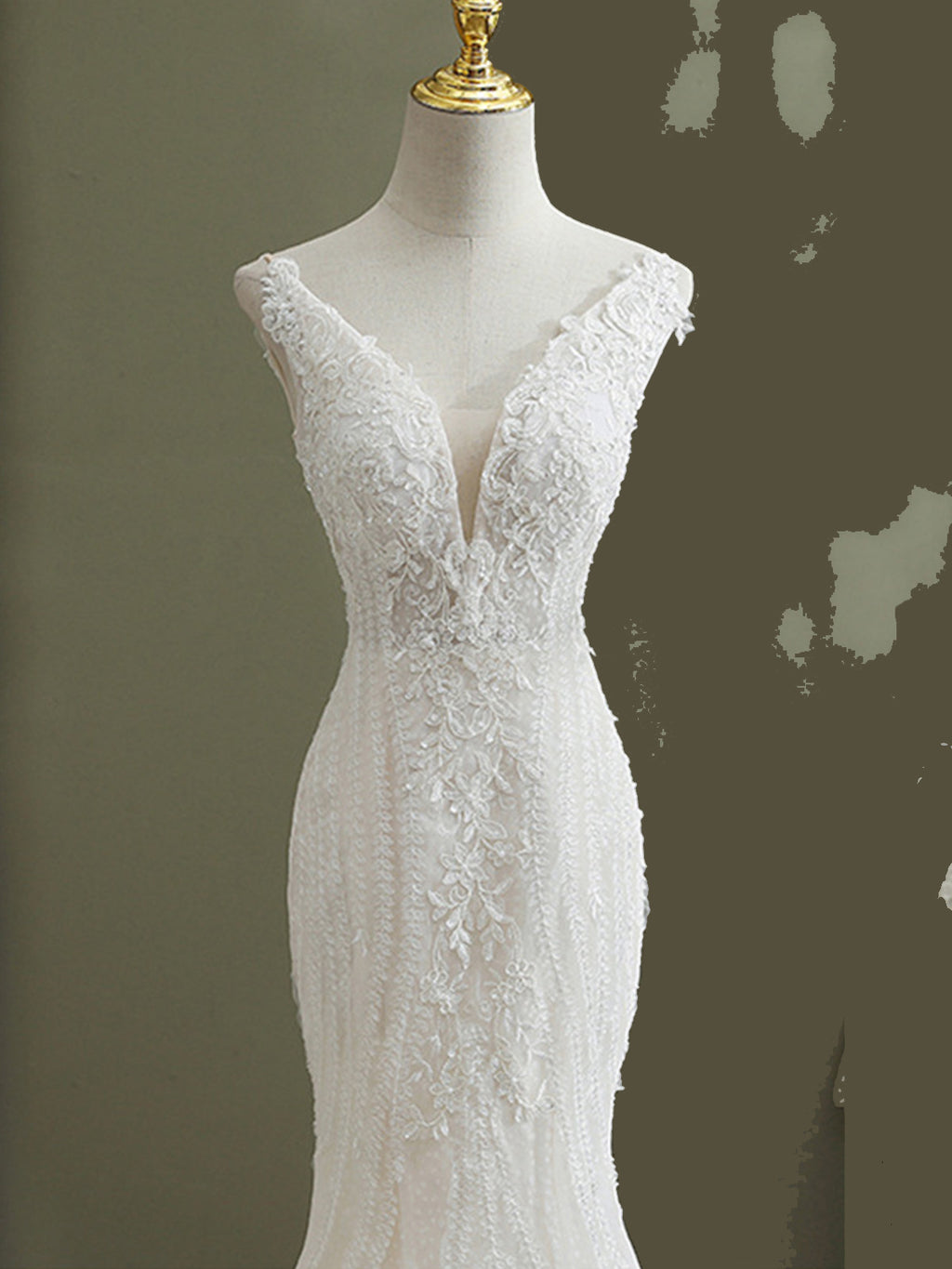 Sheer V-neck Long Floral Lace Mermaid Wedding Dresses - promboutiqueonline