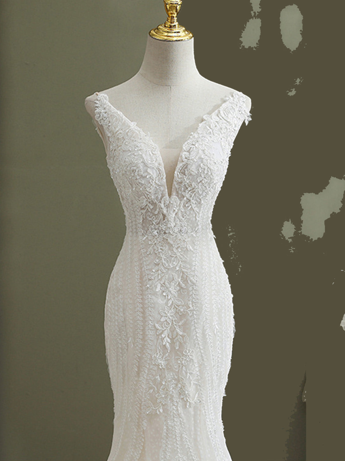 Sheer V-neck Long Floral Lace Mermaid Wedding Dresses - promboutiqueonline