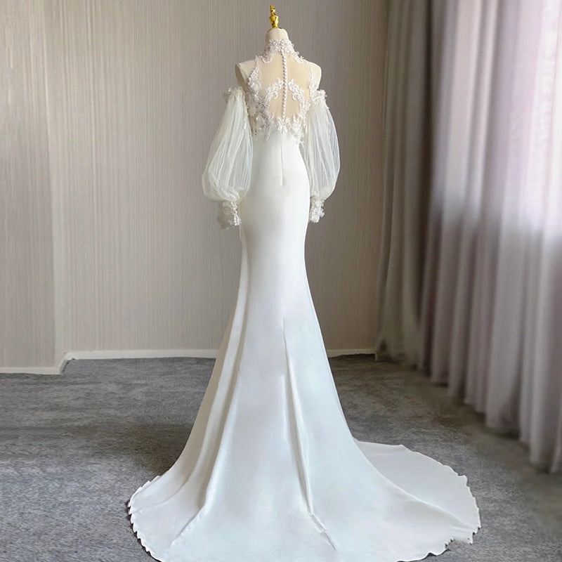 High Collar Applique Lace Satin Mermaid Wedding Dresses with Detachable Sleeves - promboutiqueonline