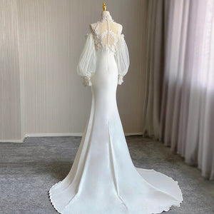 High Collar Applique Lace Satin Mermaid Wedding Dresses with Detachable Sleeves